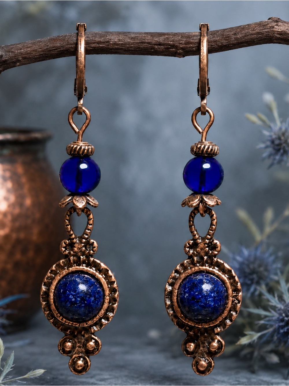 Vintage Style Lapis Blue Cabochon Antique Copper Cobalt Glass Dangle Earrings
